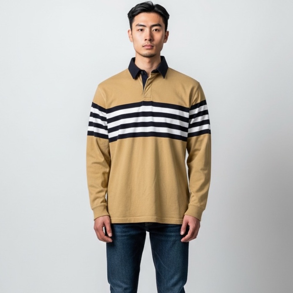 Vintage Haggar Rugby Shirt Men’s XL‎ Mustard Yellow Navy Striped Long Sleeve
